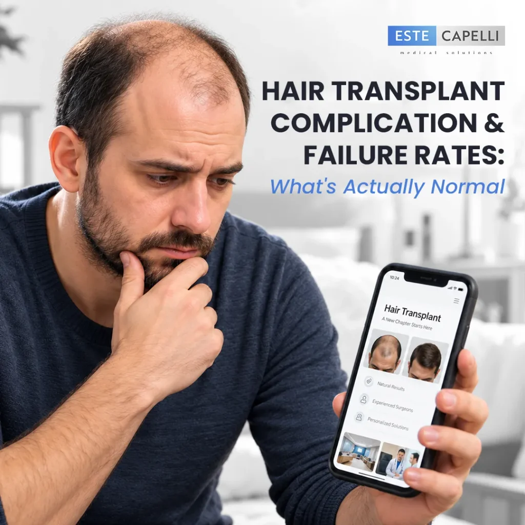 Hair transplant complications vs normal healing: scalp with mild redness and scabs a few days after FUE