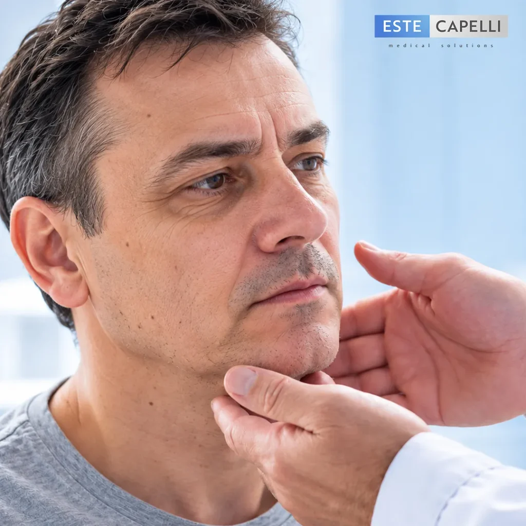 Transplant de barbă preț în Turcia la Estecapelli: medic care examinează zona bărbiei unui pacient cu barbă rară pentru evaluarea înainte de transplantul de barbă.