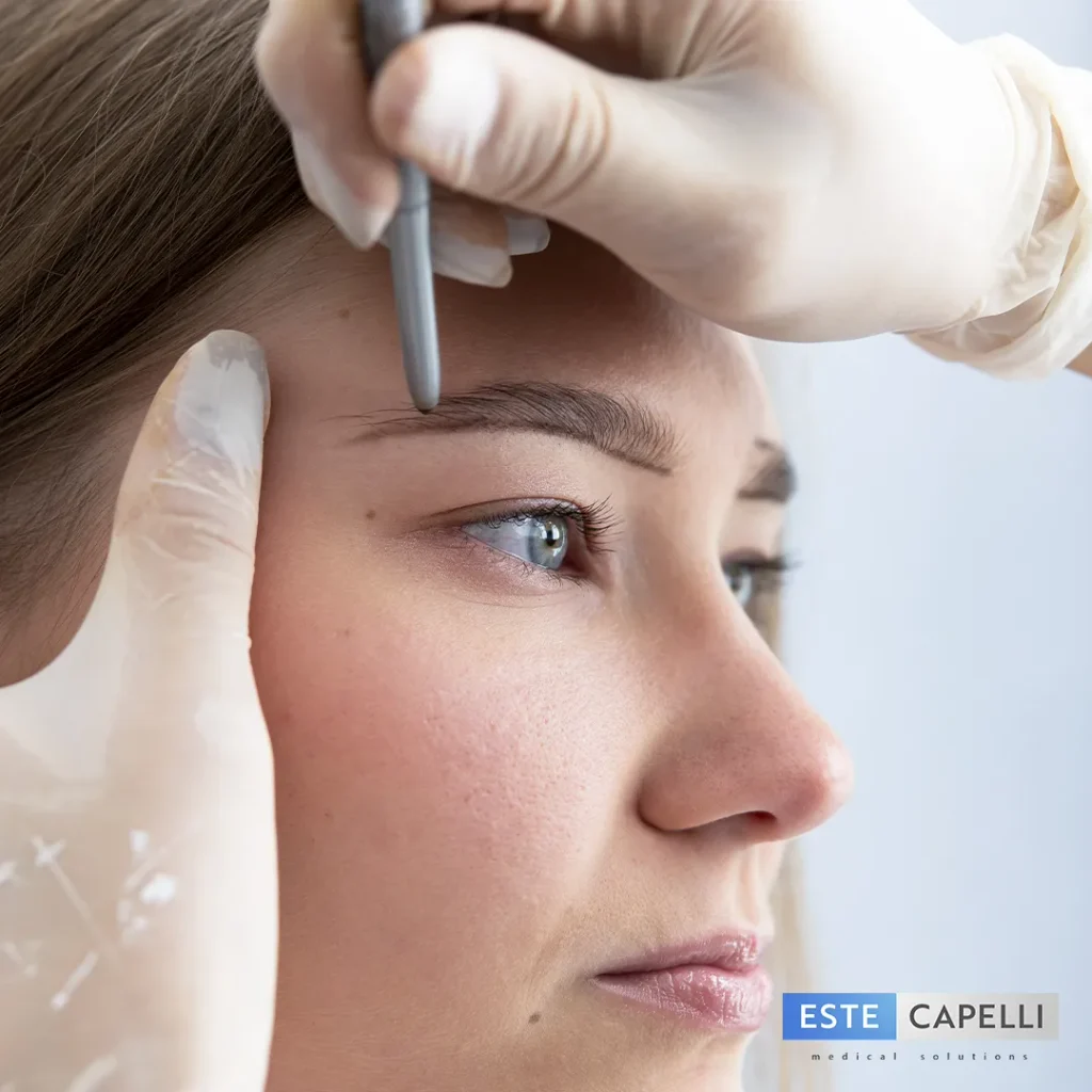 Medico con guanti che traccia con una matita chirurgica la forma del sopracciglio di una paziente prima del trapianto di sopracciglia