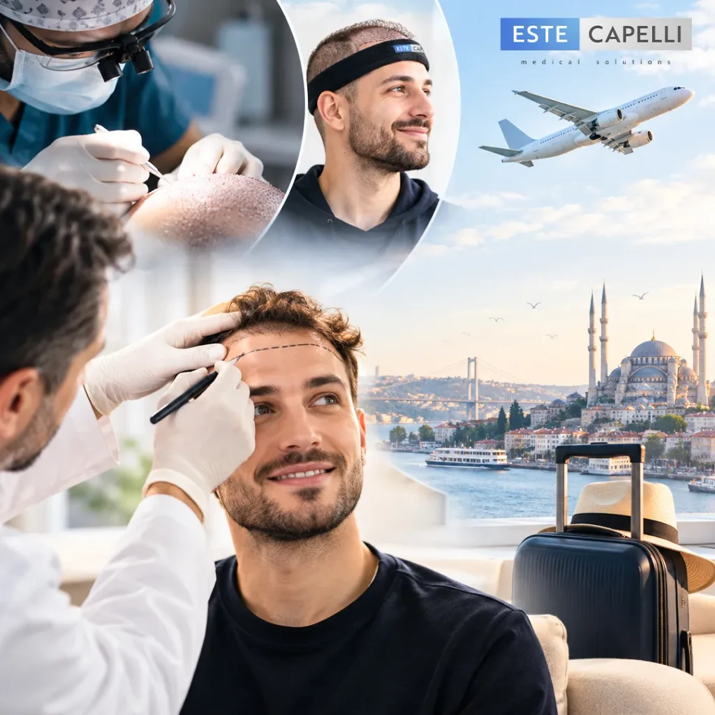 Paciente con cinta tras la intervención y vista de Estambul con maleta, resumen del viaje para un injerto capilar