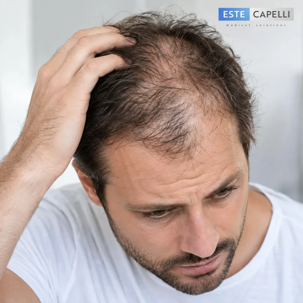 Man with thinning hair on the crown worried about hair transplant shock loss