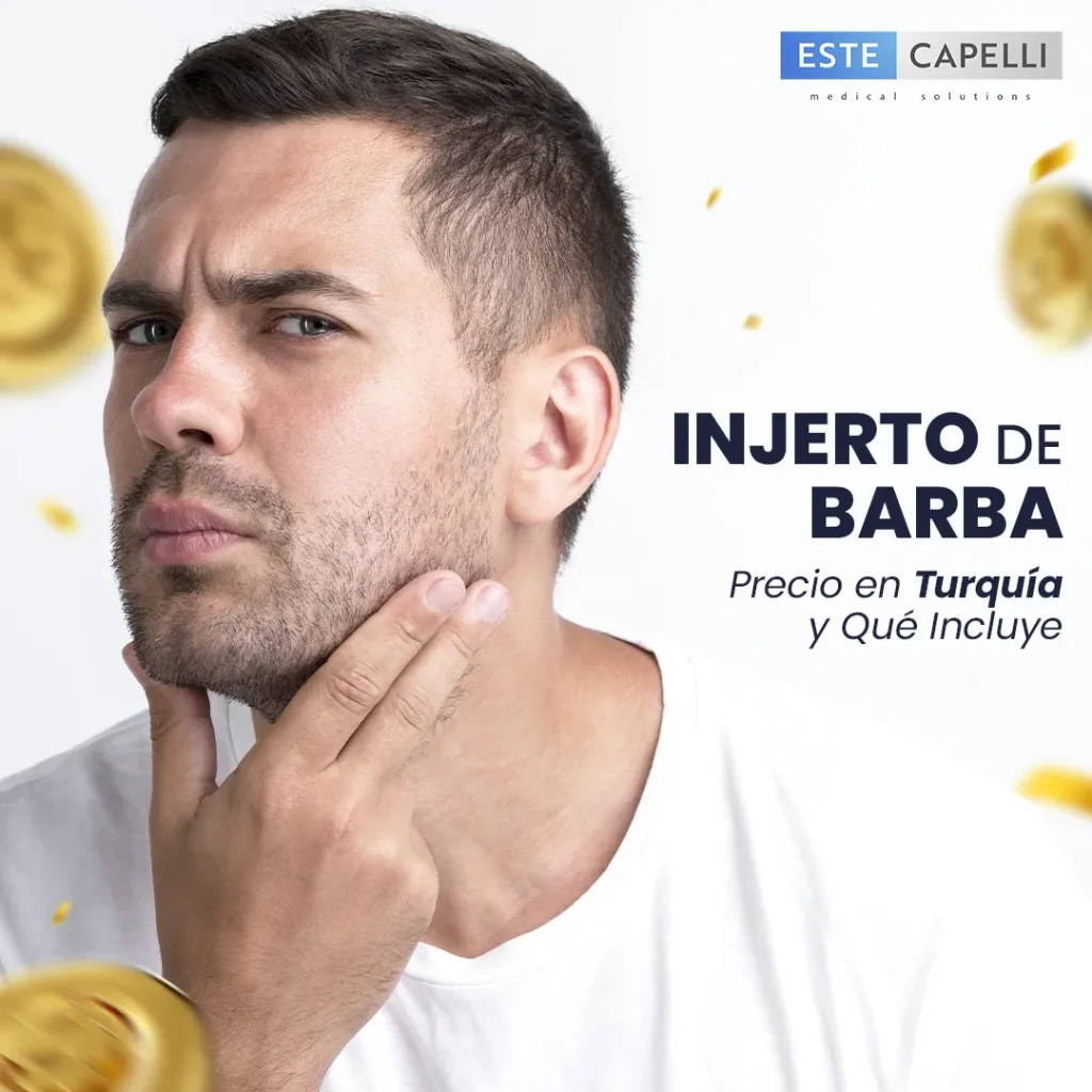 Hombre observa su barba con gesto pensativo mientras calcula cuánto le costará un injerto de barba
